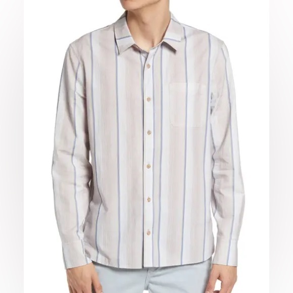 Paige Men’s Cooper Stripe Cotton Button Up Ling Sleeve Shirt in Hazy Blush - Picture 2 of 12